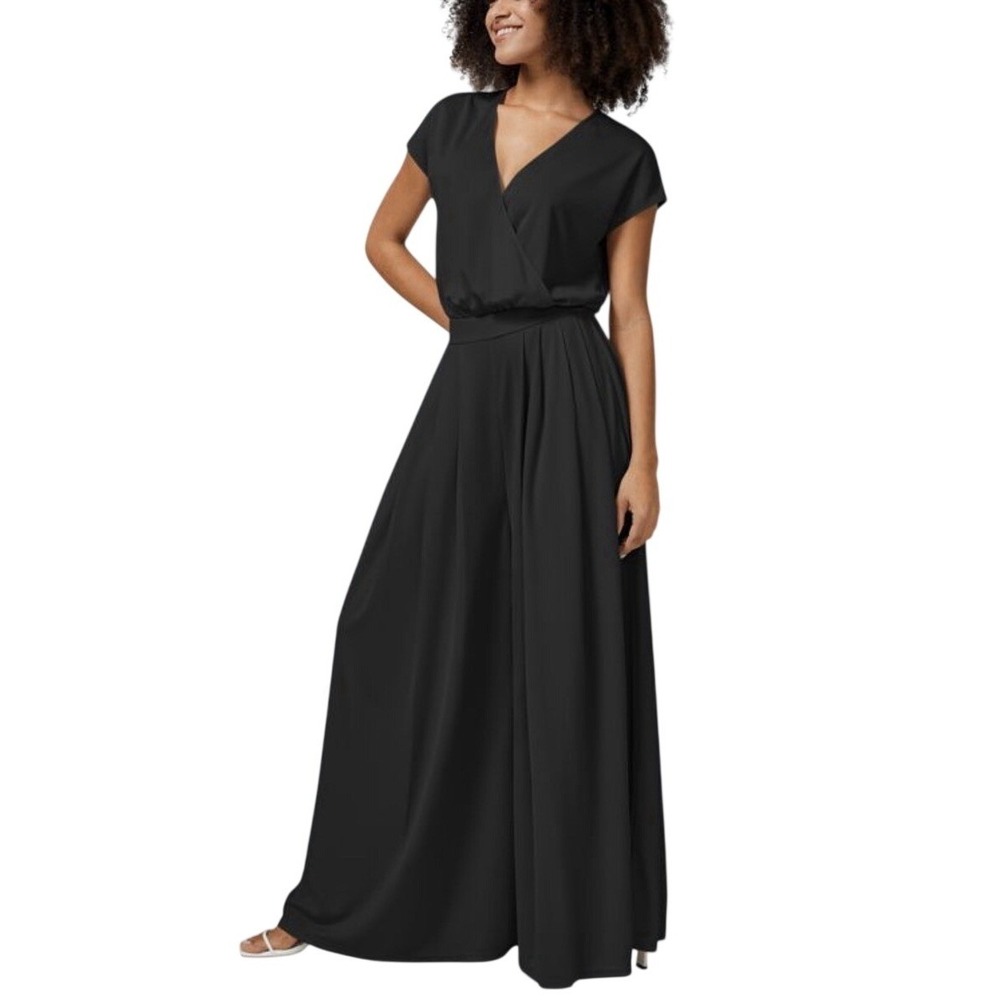 Halara Black Wide Leg Jumpsuit Faux Wrap V-Neck Pleated Short Sleeve Pocket XL